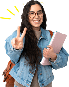 Étudiante souriante faisant le signe de la paix