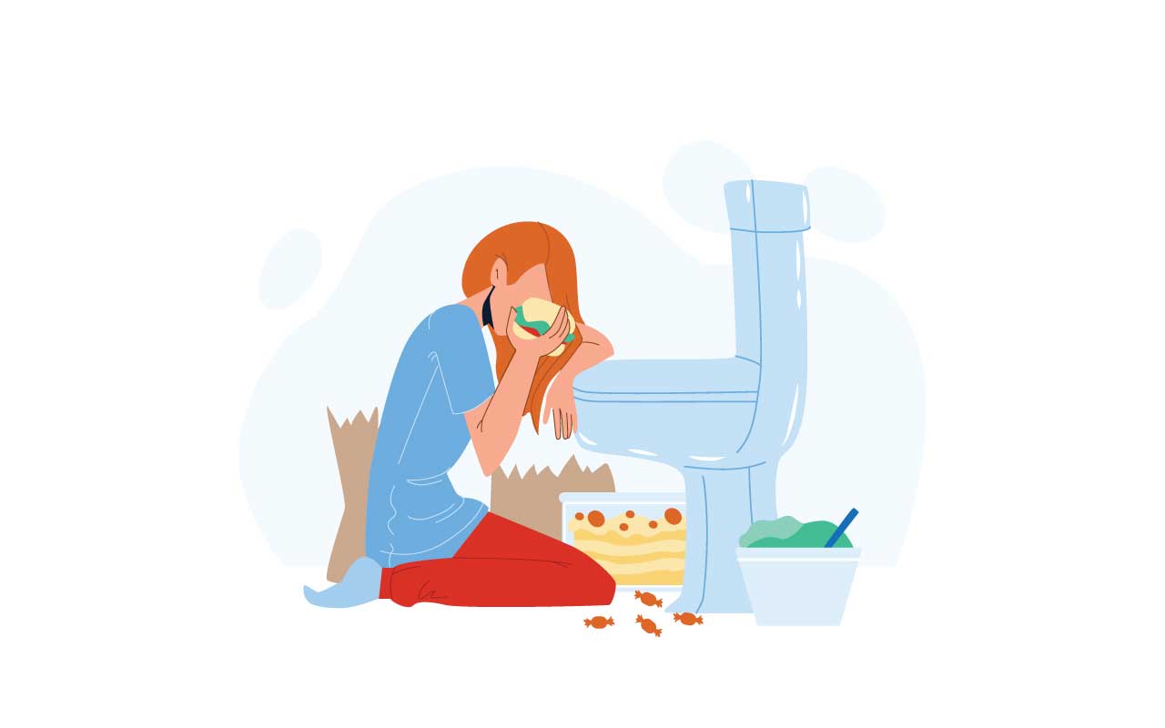 Illustration d'une femme malade devant des toilettes