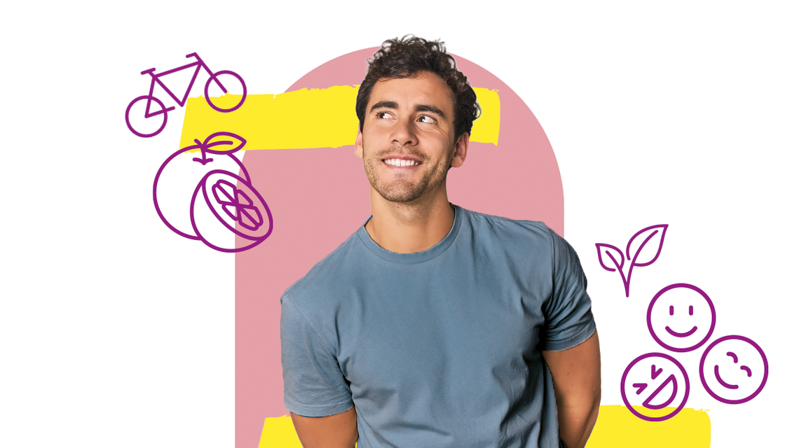 Jeune homme souriant entouré d'icônes vélo et fruits, illustration article LMDE sur la santé mentale à la rentrée