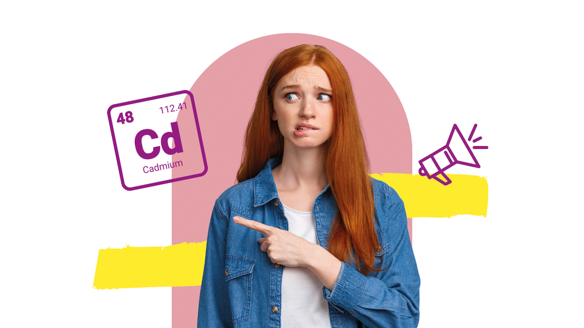 Jeune femme inquiète pointant un pictogramme cadmium, illustration article LMDE « Zoom sur le cadmium »